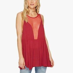 Free People Intimately Sheer Illusion V Neck Sleeveless Top, Red - Size XS.